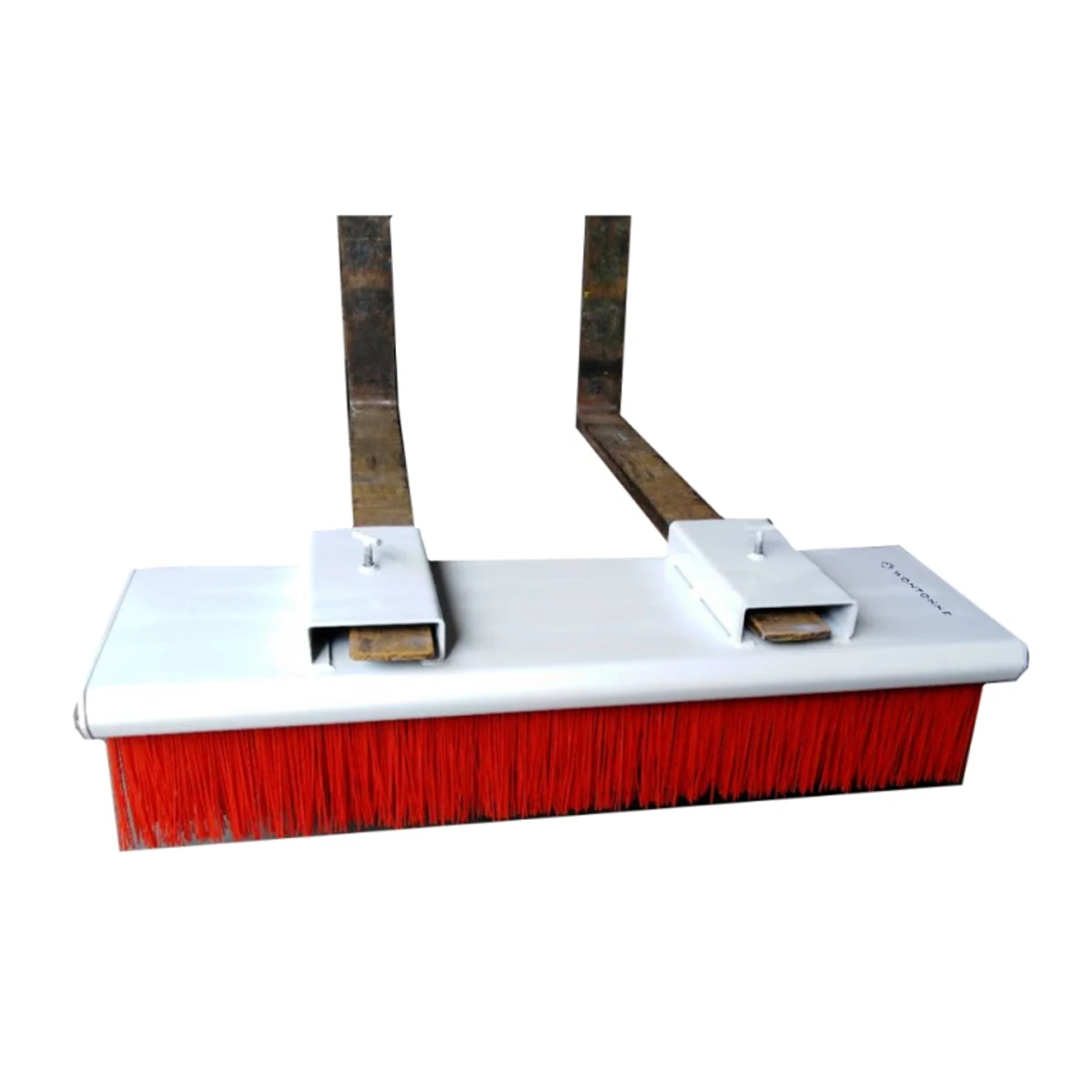 Forklift-mounted road sweeper clearing sand and grain along a hardstand